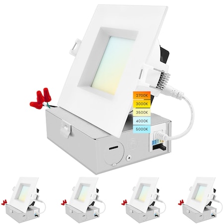 Luxrite 4 Inch Square LED Recessed Downlights 5CCT 2700K-5000K 15W 1300LM Dimmable Wet Rated IC Rated, 4PK LR22640-4PK
